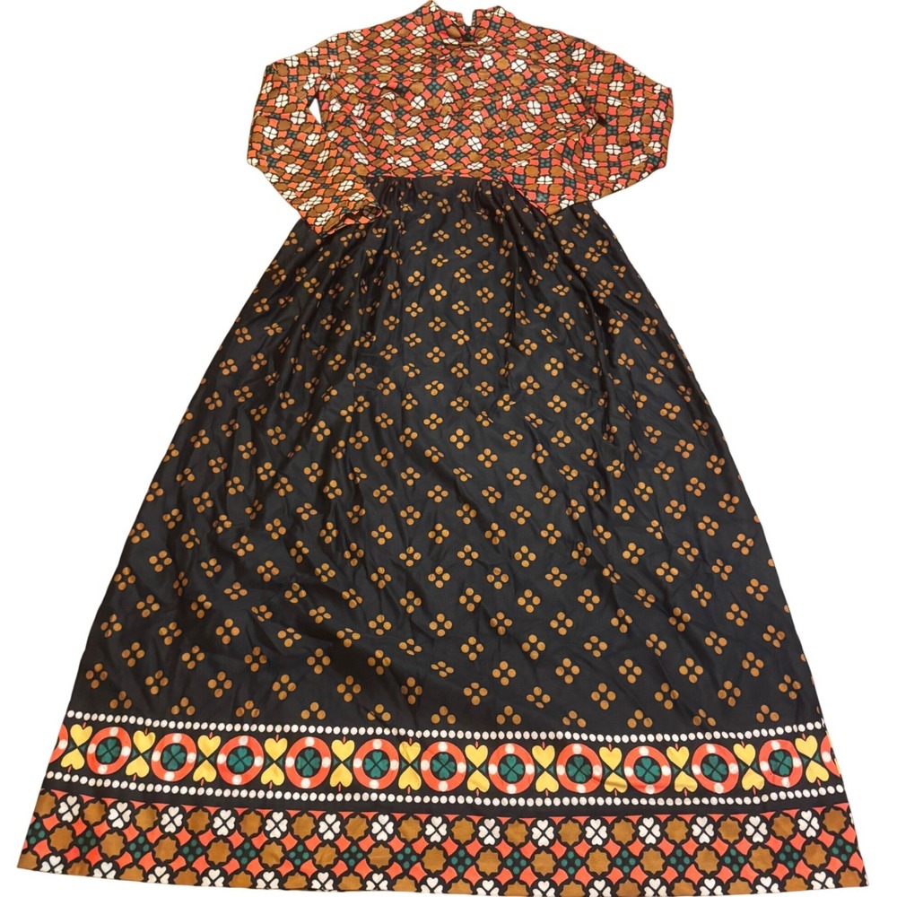 Vintage 1970s Miss Bierner Originals Psychedelic Geo Print Maxi Dress Mod Boho